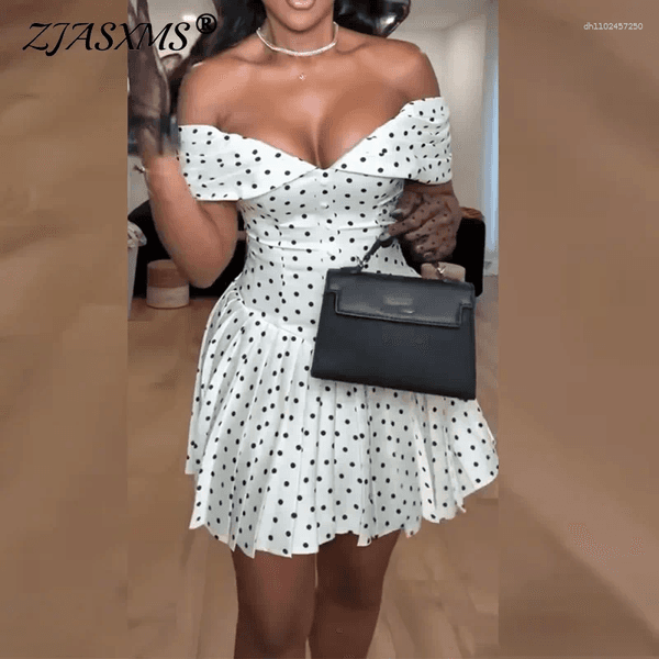 Casual Dresses Boho Short Sleeve Pleated Mini Dress Sexy V Neck Polka Dots Print Woman Summer Holiday Backless Hollow Out Party