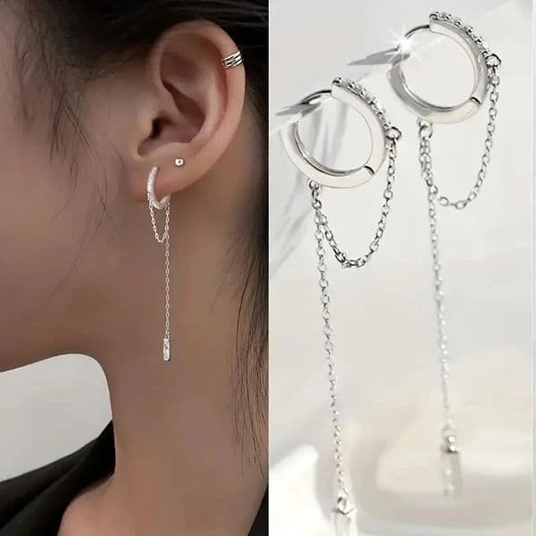 Fashionable Silvery Tassel Hoop Pendant Earrings Exquisite Jewelry Perfect Birthday Gift for Girls 260316BJ