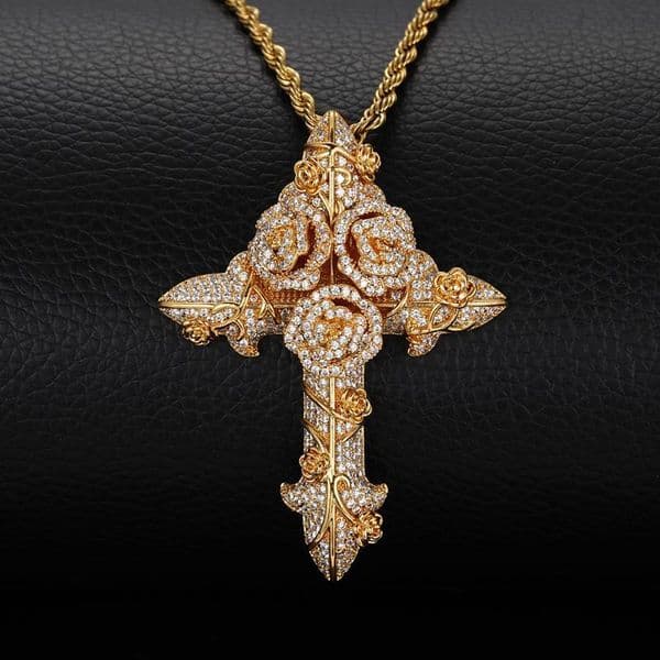 Vintage Rose Cross Pendant with Micro-Set Zirconia Hip-Hop Necklace Jewelry Accessory
