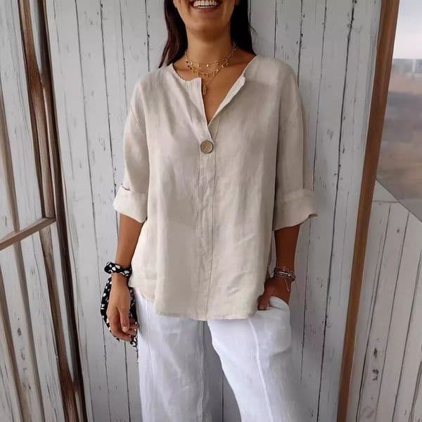 2025 Cross-Border European and American Summer New Loose T-Shirt for Women V-Neck Cotton Linen Button Top