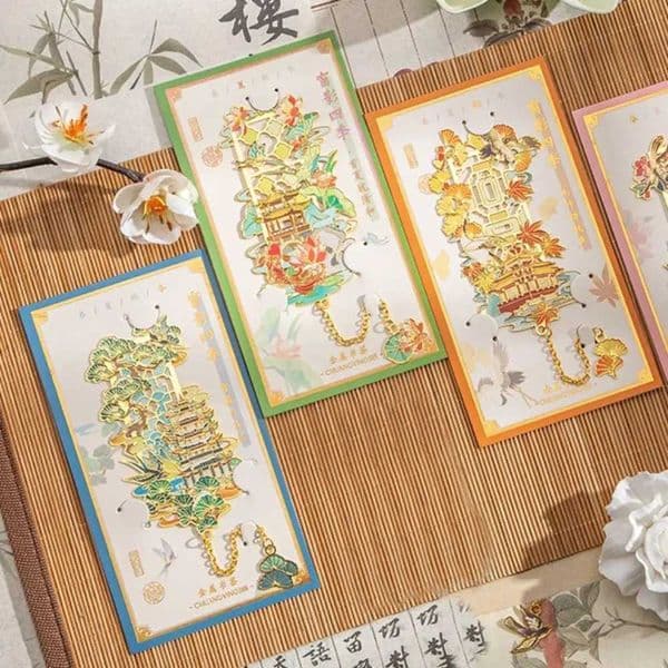 Creative Metal Bookmarks Tassel Pendant Book Clip Painted Chinese style Hollow Bookmarks Stationery S26317