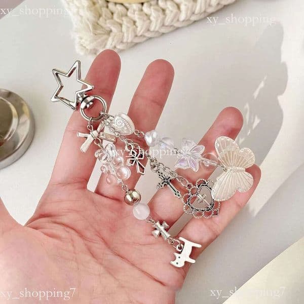 Bag Charm Silver Multi-Charm Keychain Butterfly Cross Beaded Y2K Style Accessory for Daily Use & Gifting