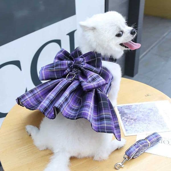 JK Plaid Skirt Dog Harness Leash Set Cute School Style Vest for Small Dogs Cats Adjustable Breathable Pet ClothingT260314