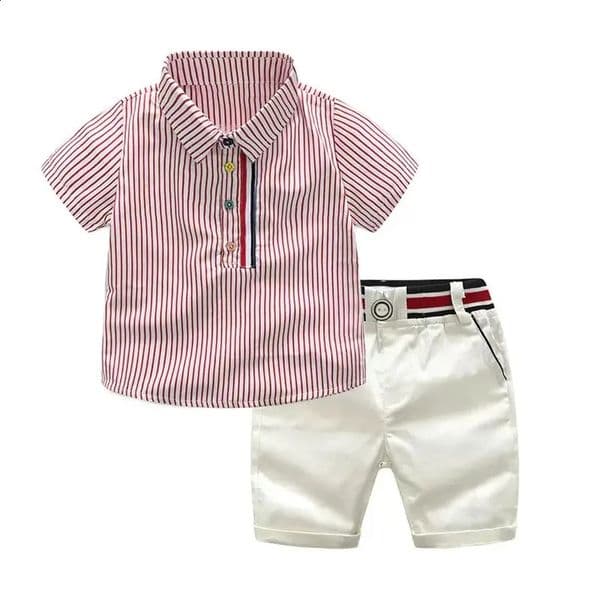 Summer Boys Clothing Set Cotton Striped Short Sleeve Lapel Shirt Pants 2Pcs Suit For 2-6 Years Kids Casual Outfits Elegant Suit 260313