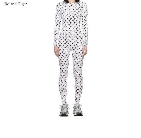 Designer, Luxury Moon print marin*e ice silk breathable skin jacket for women, plain knit tight-fitting stretchy long-sleeve jumpsuit