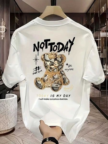 Mens summer 100 pure cotton fashionable casual sports loose cartoon bear pattern printed round neck short sleeved T-shirt top J260318