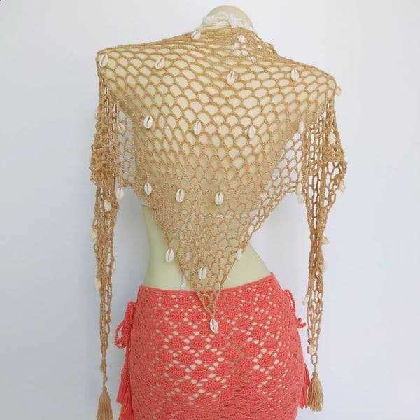 Women Triangle Shawl With Seashell Sexy Bikini Cover Up Sunscreen Nets Skirt Mesh Tunic Pareo Beachwear 260316