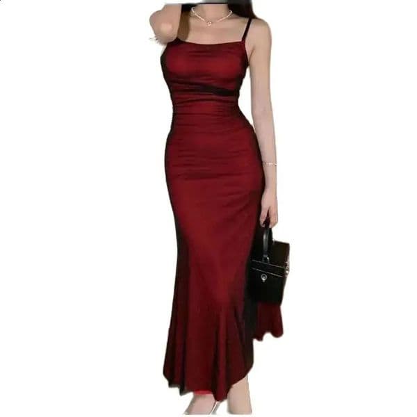 French Womens Sleeveless Bodycon Corset Maxi Dress Wine Red Spaghetti Strap Ruched Elegant Evening Party Long Vintage Dresses 260318BJ