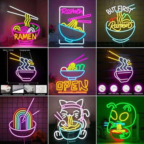Ramen Neon Sign For Wall Decor Acrylic USB Powered LED Lights Home Party Noodles Food Store Room Decoration Item Art Lamp Logo 26Y0317