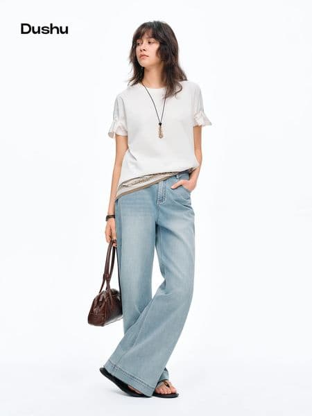DUSHU 2026 Summer Womens Tuck Detail Cotton T-Shirt - Casual Comfort Fit Top for Daily Wear and Summer Outings 260318