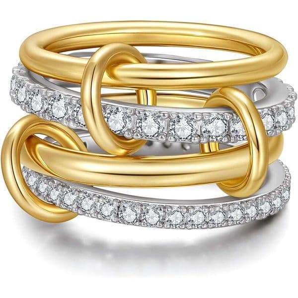 Ring for Women 18K Plated Interlocking Stack Set Gold Silver Mixed Metal Statement Rings Waterproof Dainty Cubic Zirconia CZ Fashion Connected Band Thumb
