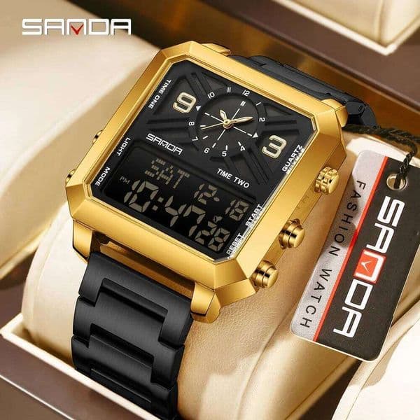 SANDA6265 Display Men's Watch Electronic Quartz Dual Movement Countdown Three Location Time Stopwatch Alarm Clock Gift