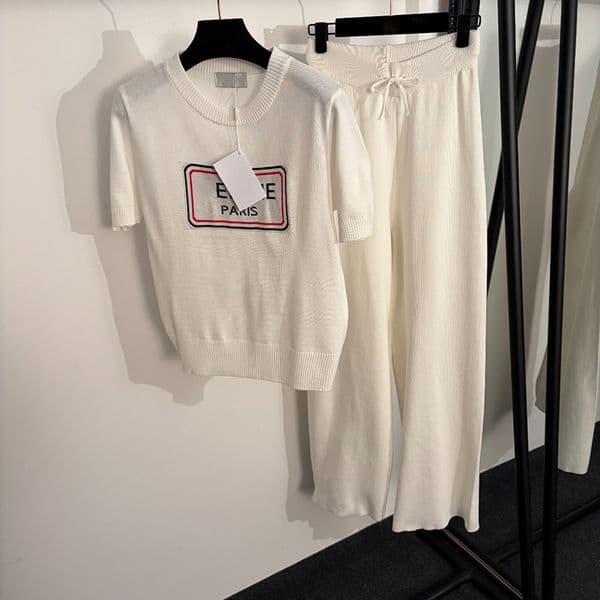 Luxury Knit T Shirt Pants High Waist Two Piece Pants Daily Outfits Letter Embroidery Casual Tracksuit Brand Vests Pants Suit Streetwear