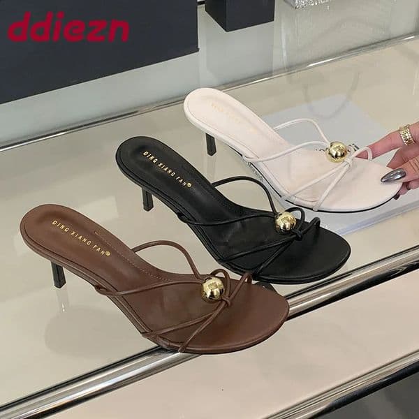 Thin Heels Footwear Slippers Slides Shoes For Women Metal Fashion Round Toe Ladies High Heels Slippers Female Sandals 260318