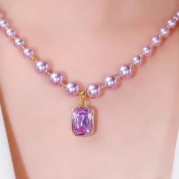 Purple pearl zircon crystal necklace light luxury simple high-end elegant clavicle fashion French style versatile unique pendant