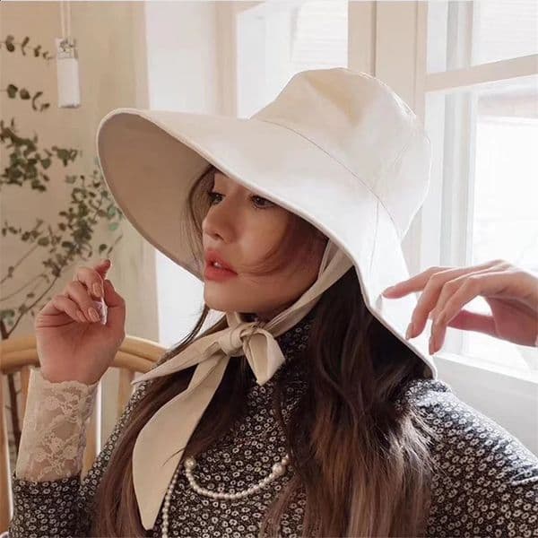 Summer Spring Japan Tie Bucket Hat Women Korean Big Brim Fisherman Foldable Sunscreen Chic Cotton Linen Beach Sun 260417BJ