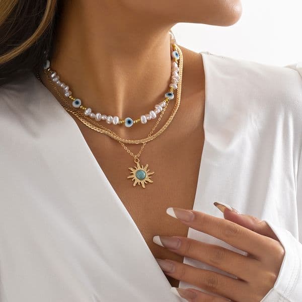 Long Pearl Necklace Wholesale Retro Eight-Pointed Star Layered Jewelry Pendant for Women High-End Clavicle Chain