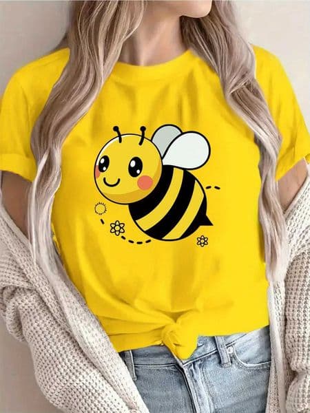 Womens Casual Short Sleeve T-Shirt Cute Cartoon Bee Floral Print Breathable Round Neck Tee for Spring/SummerT260317