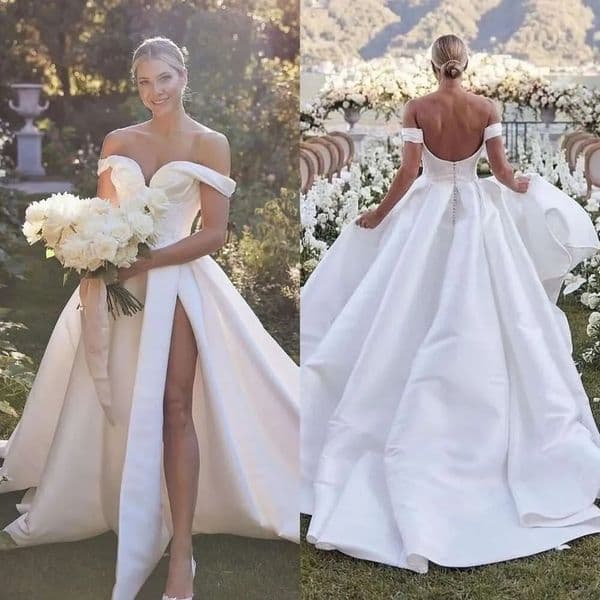 Boho A Line Dresses For Bride Off Shoulder Satin Wedding Dress Backless Split Designer Bridal Gowns 2026 Youmaidress