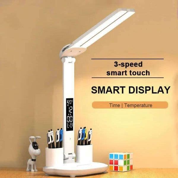 LED Clock Table Lamp USB Chargeable Dimmable Desk Lamps 2 Heads 180 Rotate Foldable Eye Protection Desktop Reading Night Lights 26L0318