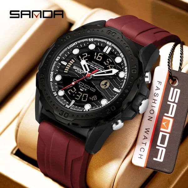 SANDA 3387 Men Sports Multifunctional Dual Display Waterproof Night Light Alarm Clock Student Electronic Watch