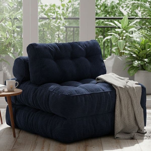 Single Blue Folding Sofa Bed Convertible Sleeper Chair Pillow Foldable Mattress Back Support Portable Chair Living Room