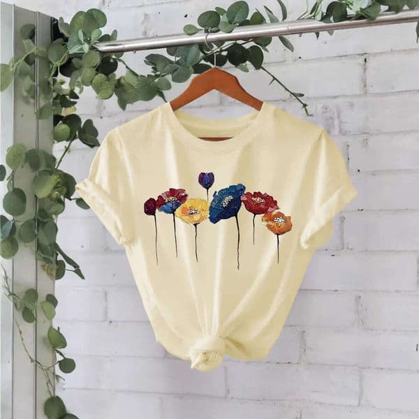 Mardi Hefxessdr Watercolor Floral Women's Tee - Colorful Poppy Graphic, Artistic Casual Top T-shirt summer women