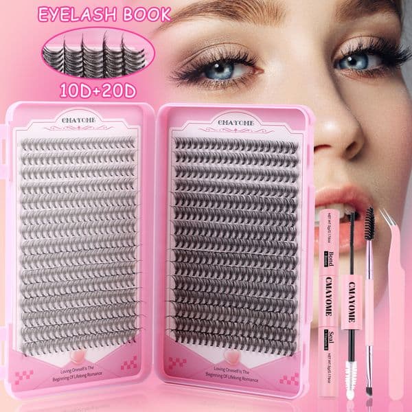DIY Individual Eyelashes Thick Fluffy DIY Lash Clusters with Lash Adhesive Tweezer Handmade Reusable D Curled Grafted Lashes for Women Beauty
