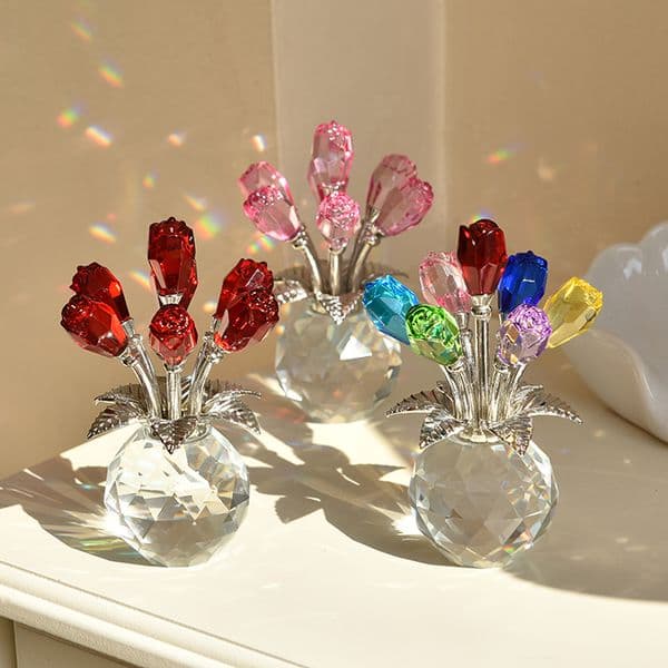 3d Engraving Crystal Rose Bouquet Vase Figurine Romantic Floral Collectible for Valentine's Anniversary Mother's Day Gifts