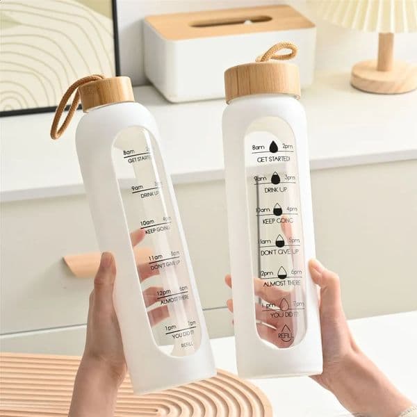 Portable Time-marked Glass Water Bottles Free of Lead Sport Silicone Sleeve Drink Bottle Bamboo Lid Sports Water Cup 260316