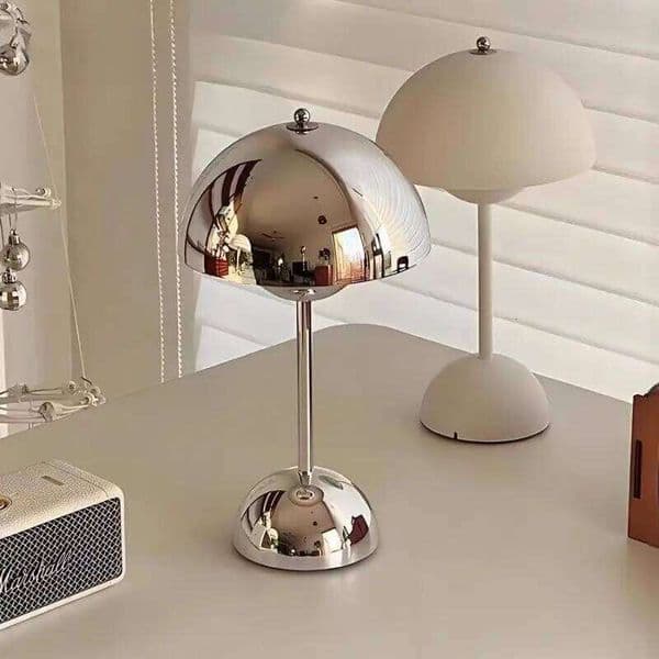 Retro Danish Chrome Flower Bud Table Lamp | Touch Control USB Rechargeable Nordic Decor Light for Bedroom & Living Room 26H0318