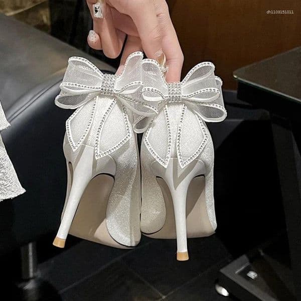 Dress Shoes 2026 Mesh Wedding White High Heels Women's Stiletto Single Bow Bridesmaid Pumps