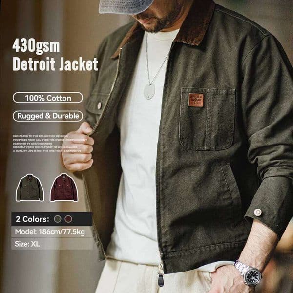Maden Retro Heavyweight Canvas Detroit Corduroy Collar Hunting Short Zip-Up Jacket with Pockets Men's Autumn Outerwear 26Y0318