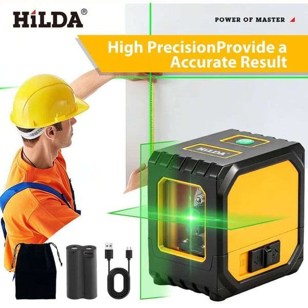 HILDA 2-Line Green Laser Level Self-Leveling Cross Line, Mini Size USB Charging Convenient to Carry High Visibility Beams 26H0318