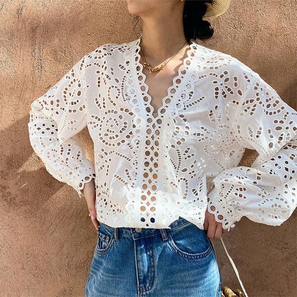2026 Spring European and American Cotton Embroidered French White Shirt for Women, Long Sleeve Designer Blouse, Shenzhen Nanyou Women's Clothing