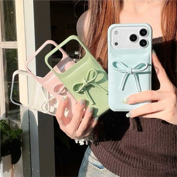 Korean Cute Bow Phone Case For iPhone 17Pro Max 16 Pro 15 14 13 12 Pro Max Cover Kawaii Glossy Leather Cases For Apple 15 Funda H260318
