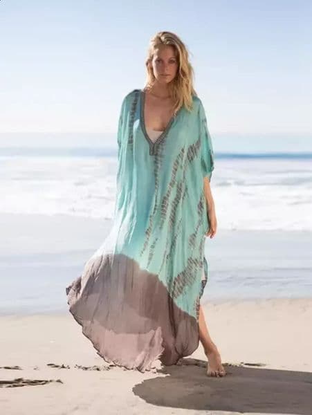 MAKABO Kaftan Dresses for Women V Neck Moo Moos Colorful Print Cover Ups Caftan Beach Swimwear 260312BANJIA