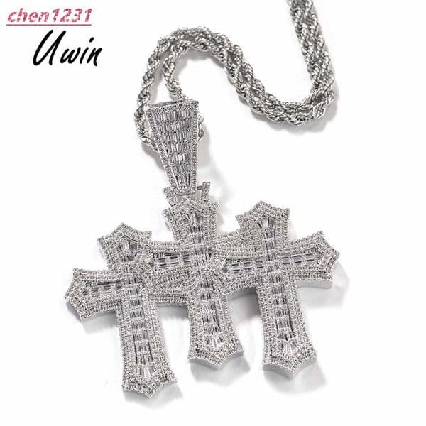 UWIN Baguette Triple Cross Clustered Pendant Hip Hop Christian Jesus Three Crosses Pendant Necklace Unisex Jewelry