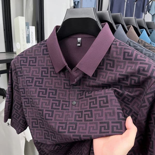 Mens High End Summer Printed Business Collar Polo Shirt Ice Silk Fashionable Casual Collar T-Shirt Comfort Top Mens Wear 260316BJ