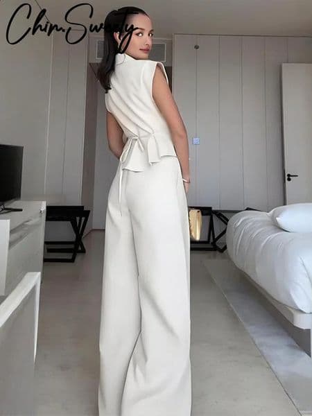 Casual Vest Trouser Suits Women Solid Sleeveless Lapel Single Button Slim Tops Wide Leg Pants Spring Office Lady Suit 260316