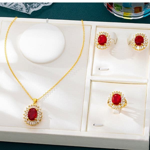 Shiny Stone Luxury Wedding Set 24K Gold Plated Oval Cut Micro Paved Zircon Sparkling Pendant Earrings and Ring for Women Gift Jewelry