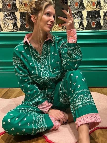 Womens 2 Pcs Suits Printed Long Sleeves Top Pants Sets Bohemian Female Lapel Single Breasted Loose Tops Chic Lady Beachwear 260318BANJIA