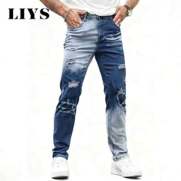 Mens Personalized Street Color Blocked Patchwork Jeans Straight Slim Denim High-Quality Jeans Four Seasens Elastic Denim Pants C260318