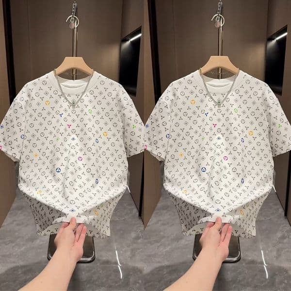 Luxury Designer 2026 Summer New Full Print Short Sleeve Men Heavyweight T Trendy designer luxury Brand Versatile Round Neck Top Stylish Base Shirt