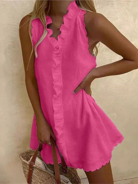 2025 Summer Sexy Casual Mini Dress Women Fashion Elegant Vacation Solid Color Ruffle Sleeveless Vestidos V-neck Loose Dresses 260318