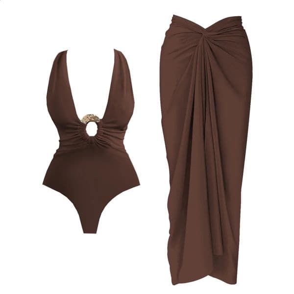 2Pcs Deep V Swimsuit With Long Skirt Women Sexy Swimwear Female Bikini Cut Out Biquini Swim Suit Shiny Button Bodysuit Beachwear260316BJ