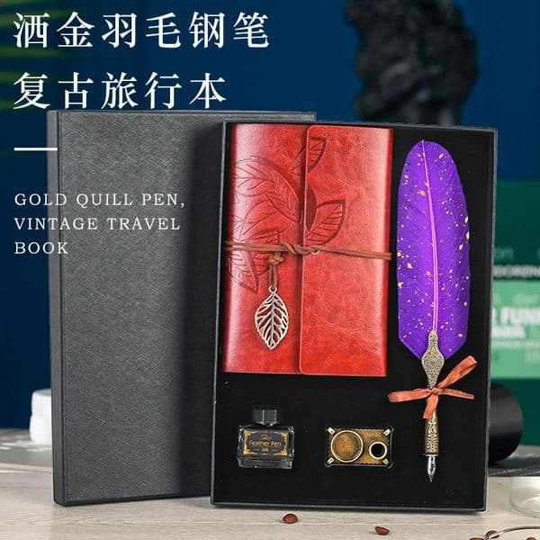 Bestseller Teacher's Day gift: gold-plated feather pen set in exquisite gift box, vintage dip pen, European-style British loose-leaf notebook ddmytues