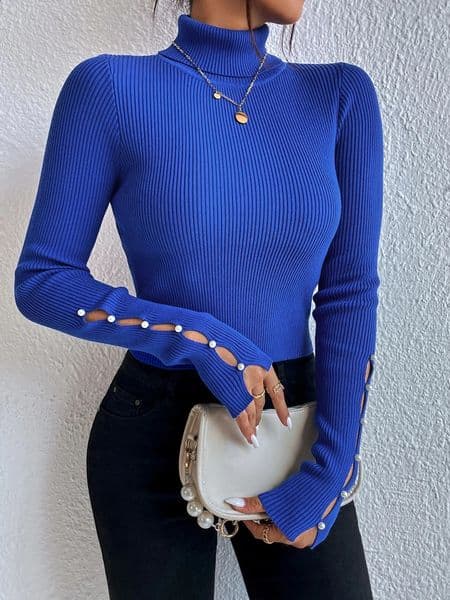 Spring Women Fold Turtleneck Long Cut out Pearls Sleeve Pull Sweater Casual Rib-Knit Jumper Tops Female Y2K Clothing 260310