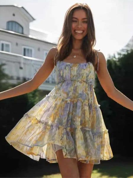 Bowknot Spaghetti Strap Flower Chiffon Mini Dresses Women Fashion Sexy Backless Elegant Vacation Style Dress Female New Vestidos L260305