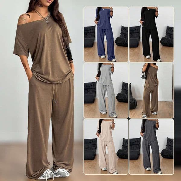 Gym Clothing Yoga European And American Cross-Border Asymmetrical Neck Set Autumn Winter Women's Casual Solid Color Sports Two-Piece Loose Long Pants Sportswear